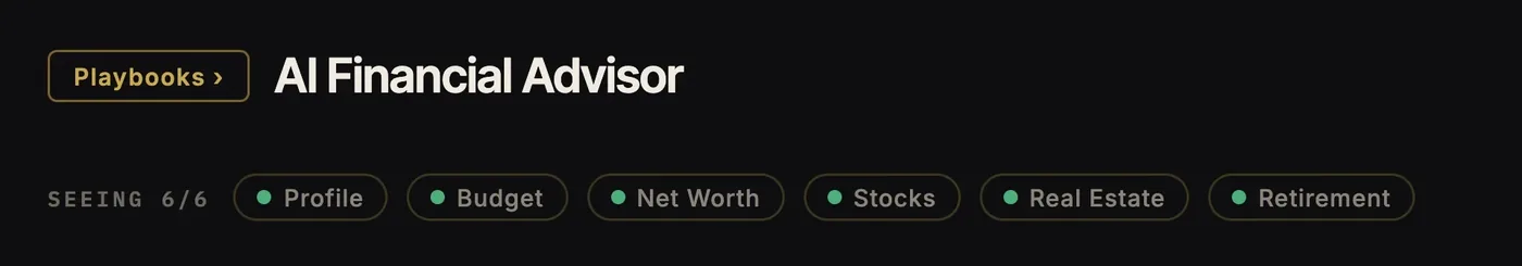 AI Financial Advisor seeing all six data sources: profile, budget, net worth, stocks, real estate and retirement