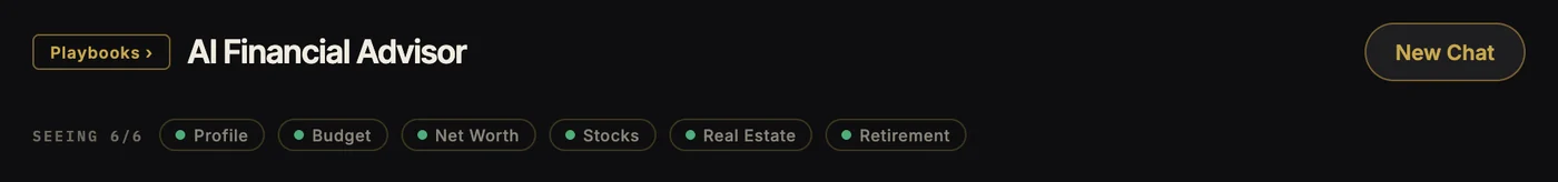 AI Financial Advisor seeing all six data sources: profile, budget, net worth, stocks, real estate and retirement