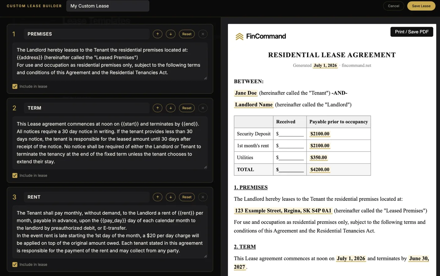 Custom lease builder: editable clauses on the left, the residential lease agreement it produces on the right, ready to print or save as PDF